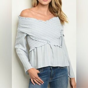 Women's Off-Shoulder Striped Top - Light Blue